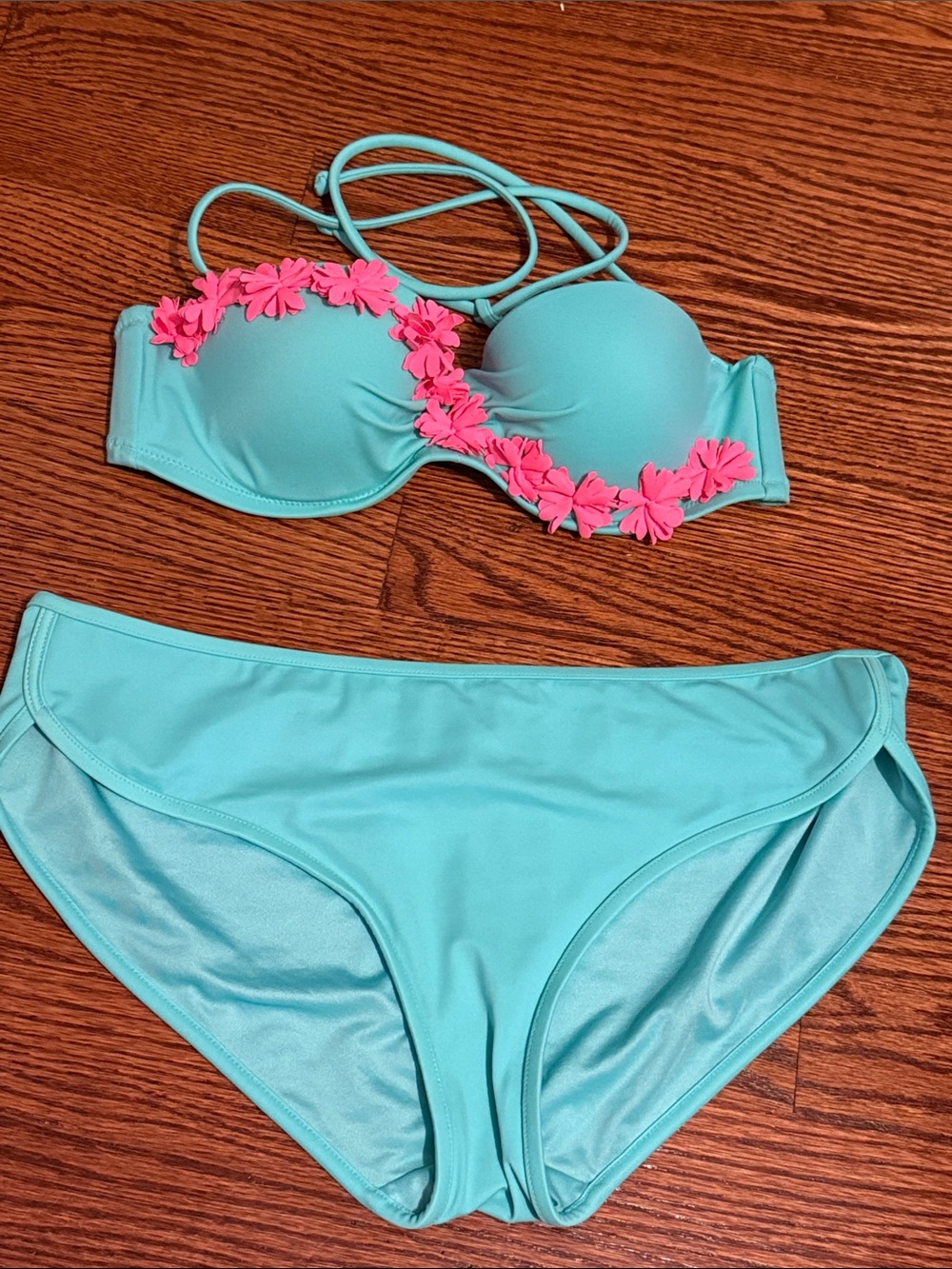 Victoria’s Secret teal Bikini Set with Pink Floral Accents